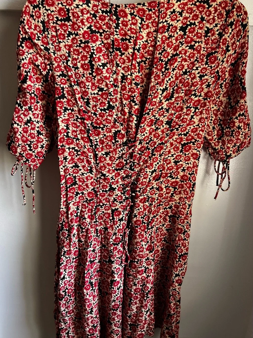 Free People Red Floral Midi Dress with Button Front corset ties on back and arms